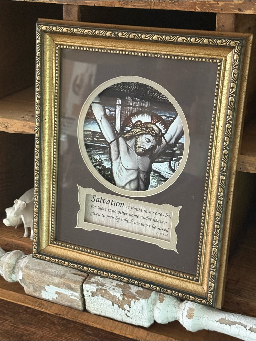 Gold Framed Religious Jesus Christ Wall Art - Brown Mat with Crucifix Image